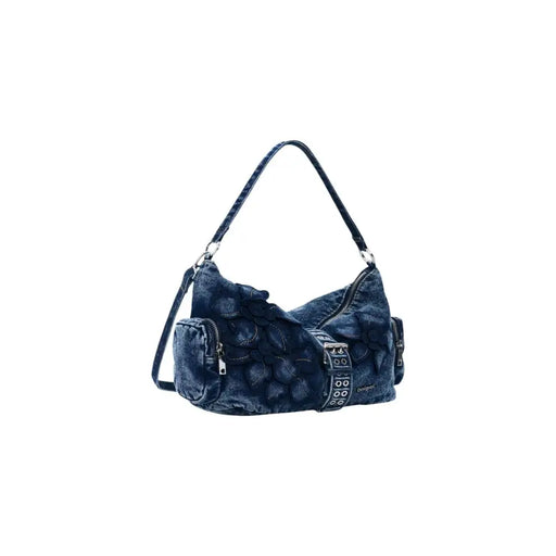 Desigual Schultertasche in Denimblau mit floraler Applikation und silberfarbenen Beschlägen