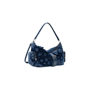 Desigual blue denim shoulder bag with floral appliqué silver toned hardware and multiple pockets for daily use