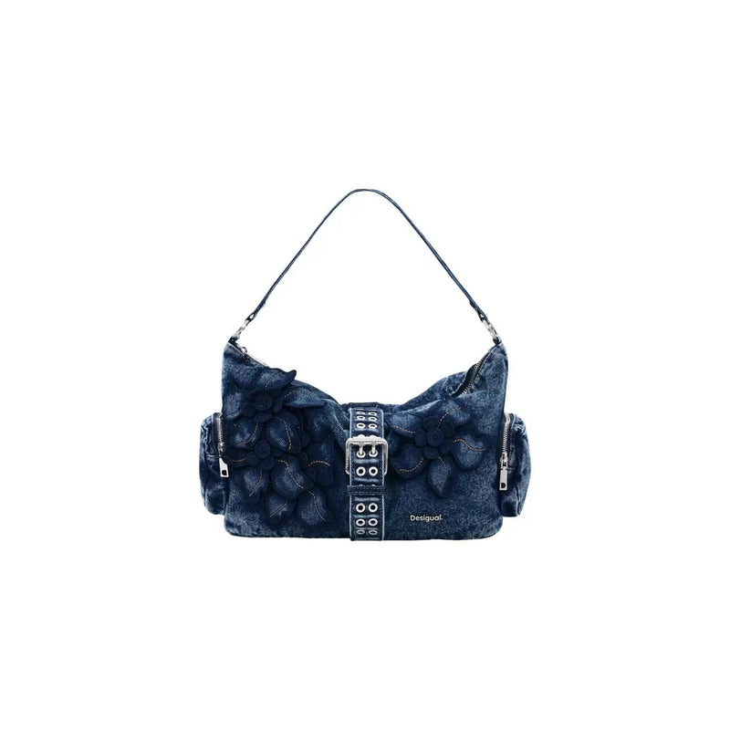 Denim blue Desigual handbag with black floral appliqués silver-tone buckle and shoulder strap with pockets