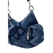 Desigual blue denim shoulder bag with stitched floral appliqué silver toned hardware and multiple pockets