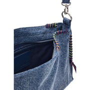 Desigual blue denim shoulder bag with colorful braided trim silver hardware and multiple pockets for everyday use