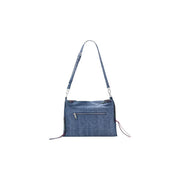Denim shoulder bag with textured blue fabric body silver zipper pocket and matching strap by Desigual