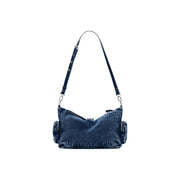 Desigual blue handbag with shoulder strap and pockets featuring dark blue worn denim fabric and black leather straps