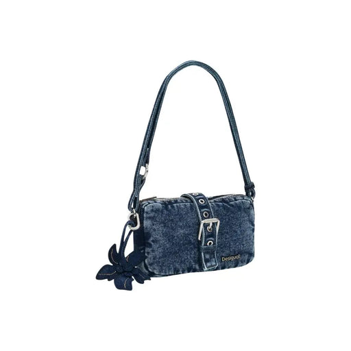 Desigual blue denim shoulder bag with silver buckle black fabric flower charm and zip pocket for daily use