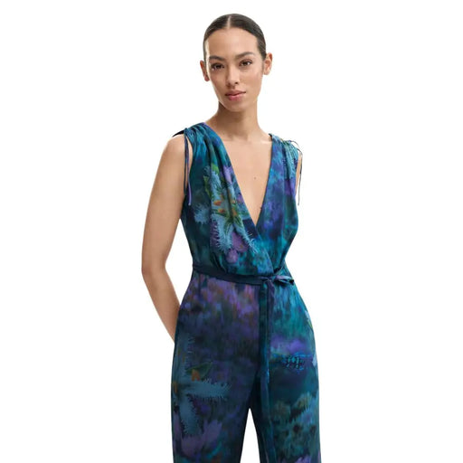 Desigual Damen blauer ärmelloser Jumpsuit mit tiefem V-Ausschnitt und Blumenmuster