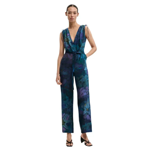 Desigual blauer ärmelloser Jumpsuit mit V-Ausschnitt und türkis-violettem Blumenmuster
