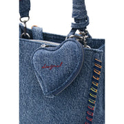 Desigual blue zippered bag with pockets featuring a denim heart-shaped charm with red embroidered logo on a blue tote