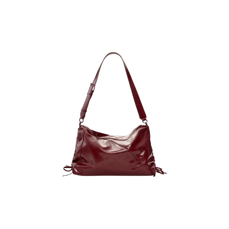 Desigual bordeaux glossy burgundy leather shoulder bag with single strap drawstring ties and zip pocket