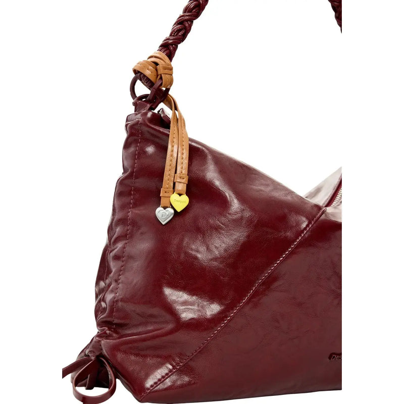 Desigual bordeaux glossy burgundy polyester shoulder bag with braided strap and heart shaped charms with zip pocket
