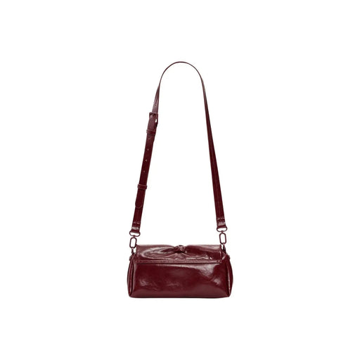 A sleek glossy burgundy leather Desigual bordeaux women crossbody bag with button closure and inside pocket