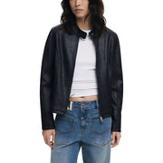Dark blue leather biker jacket with stand-up collar from Desigual Bordeaux collection