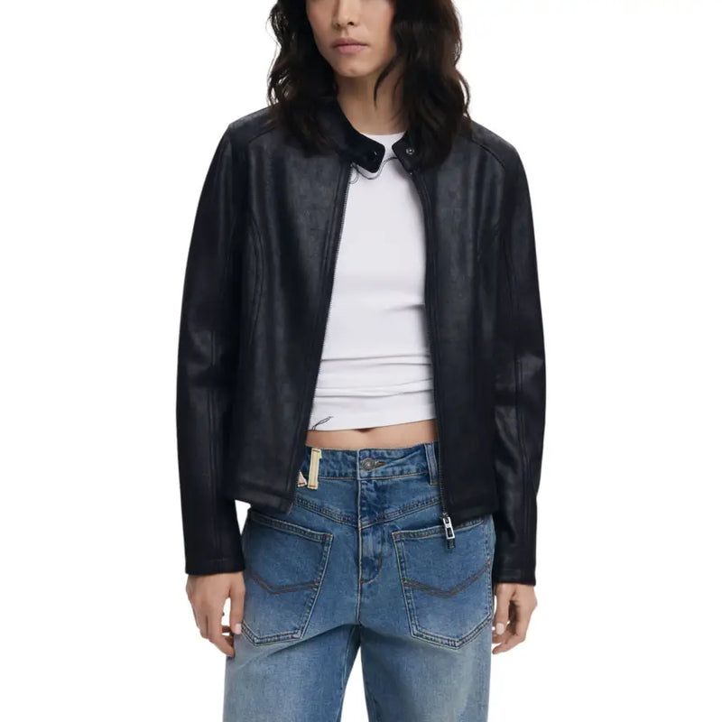 Dark blue leather biker jacket with stand-up collar from Desigual Bordeaux collection