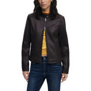 Desigual Bordeaux Zip Front Long Blazer for Women featuring a dark brown faux leather motorcycle jacket