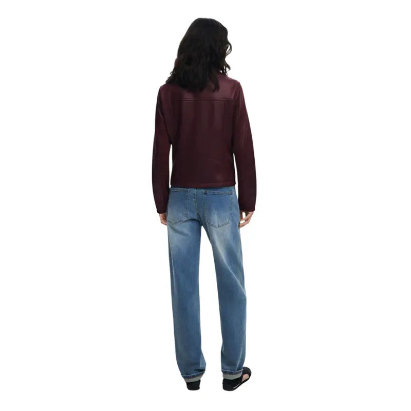 Maroon faux leather blazer with blue jeans, Desigual Bordeaux Zip Front Long Blazer for Women