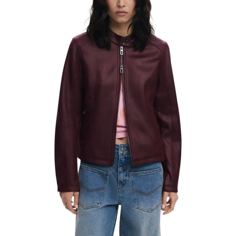 Women’s maroon faux leather motorcycle jacket with stand collar and silver zippers for Desigual Bordeaux blazer