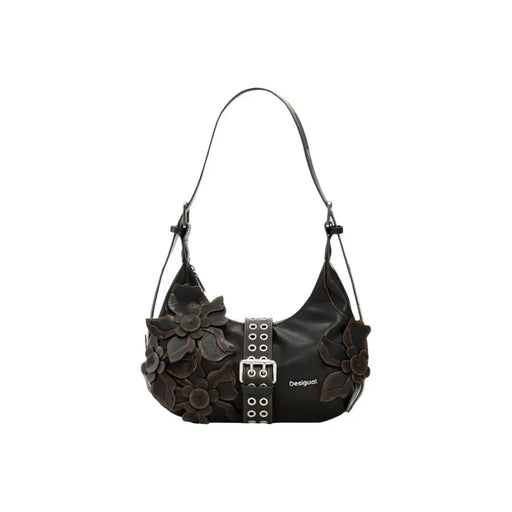 Desigual Hobo-Tasche aus braun-schwarzem Leder mit floralen Applikationen und Schnallenriemen