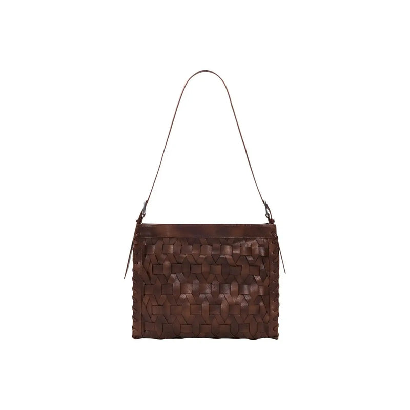 Brown woven leather shoulder bag with slender strap from desigual featuring a brown polyester zip pocket