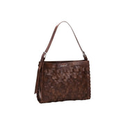 Desigual brown polyester handbag with zip pocket featuring a brown woven leather shoulder bag with textured pattern and strap