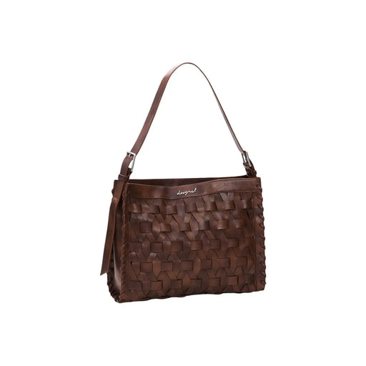 Desigual brown polyester handbag with zip pocket featuring a brown woven leather shoulder bag with textured pattern and strap