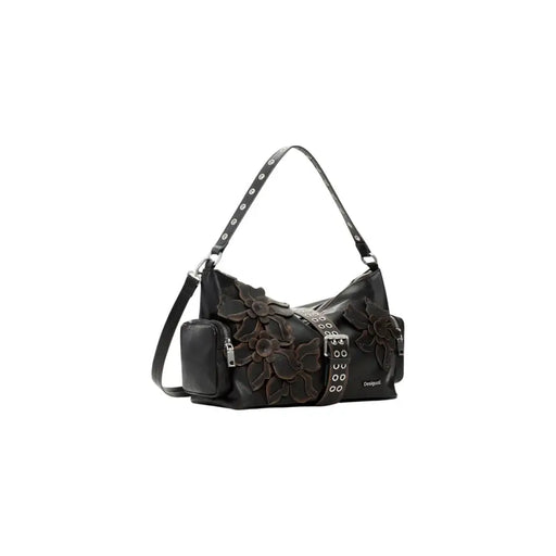 Desigual braune Polyesterhandtasche mit schwarzen floralen Lederapplikationen