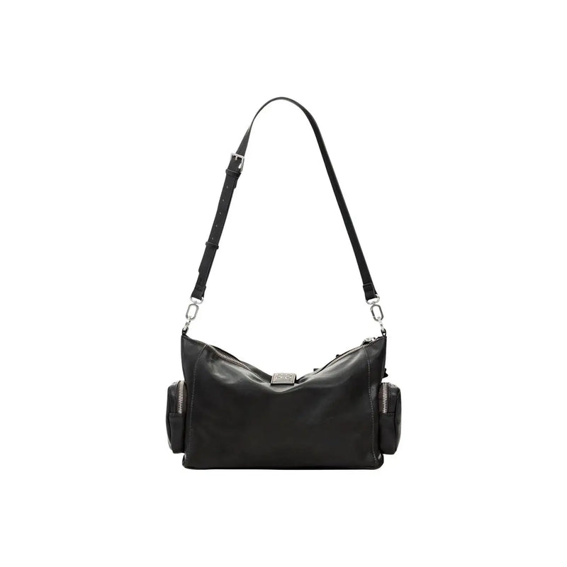 Black leather crossbody bag with silver-toned hardware and side pockets in desigual brown polyester handbag style