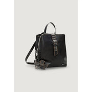 Black leather Desigual rucksack with silver buckle strap and dark gray fabric flower accent featuring zip pockets