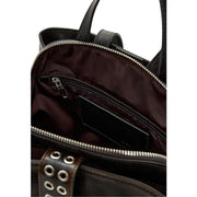 Black leather tote bag with silver zippers and studded strap details shown with desigual brown polyester rucksack with zip pockets