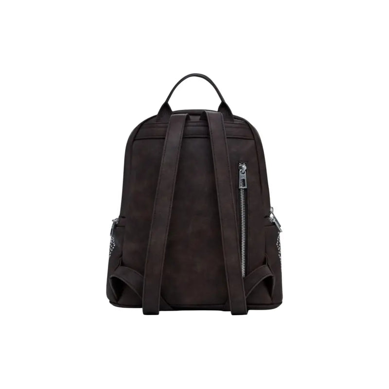 Dark brown leather backpack with shoulder straps and silver zippers for Desigual Rucksack