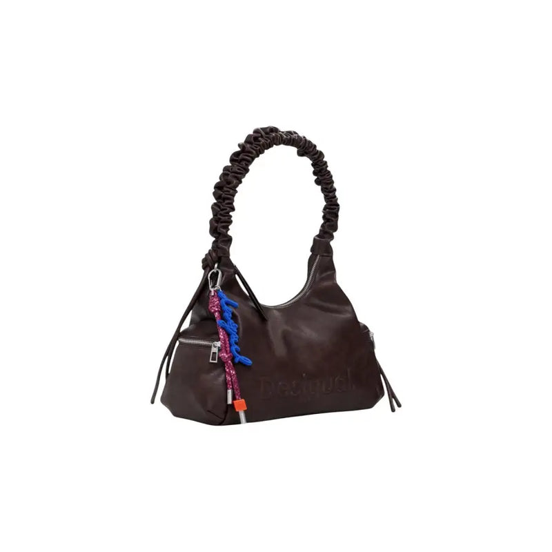 Dark brown polyurethane shoulder bag with ruched strap and colorful braided charm
