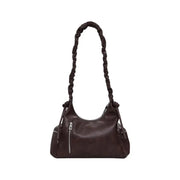 Dark brown leather shoulder bag with ruched strap and front zipper pocket for Desigual