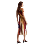 A woman wears a desigual brown striped sleeveless dress with bold vertical stripes in polyester elastane