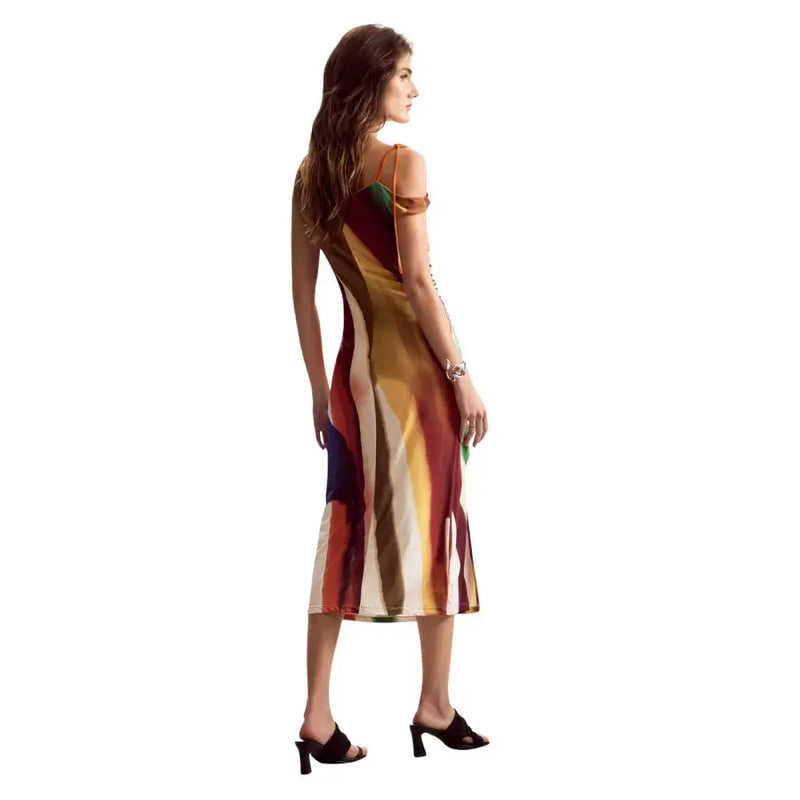 A woman wears a desigual brown striped sleeveless dress with bold vertical stripes in polyester elastane