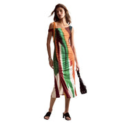 Desigual brown striped sleeveless dress in polyester elastane with vibrant vertical stripes and ruched sides