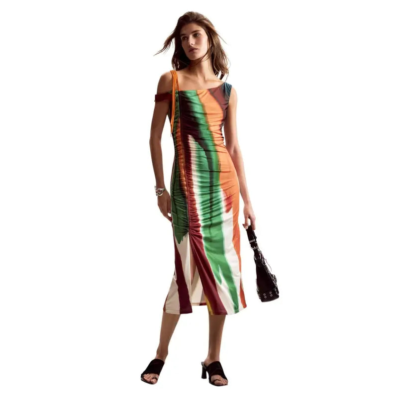 Desigual brown striped sleeveless dress in polyester elastane with vibrant vertical stripes and ruched sides