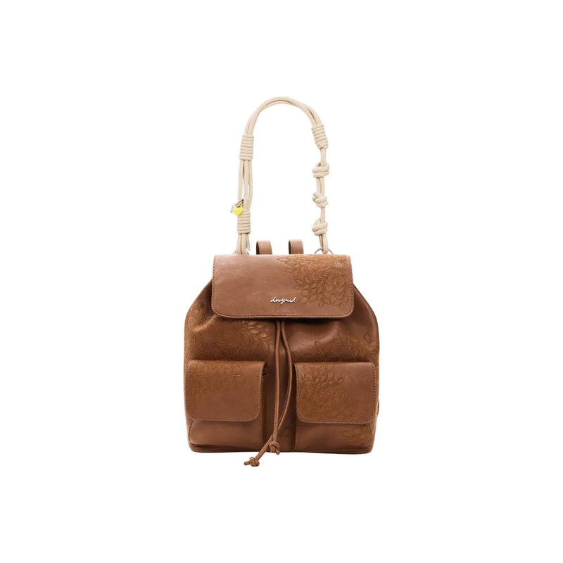 Desigual brown women bag with tan leather, floral embossed pattern, braided straps, and front pockets from spring summer collection