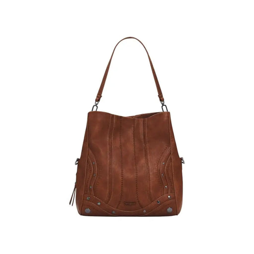Brown leather women’s shoulder handbag with decorative stitching, metal studs, and inside pocket