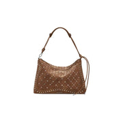 Brown leather shoulder bag with perforated pattern and stud details from Desigual