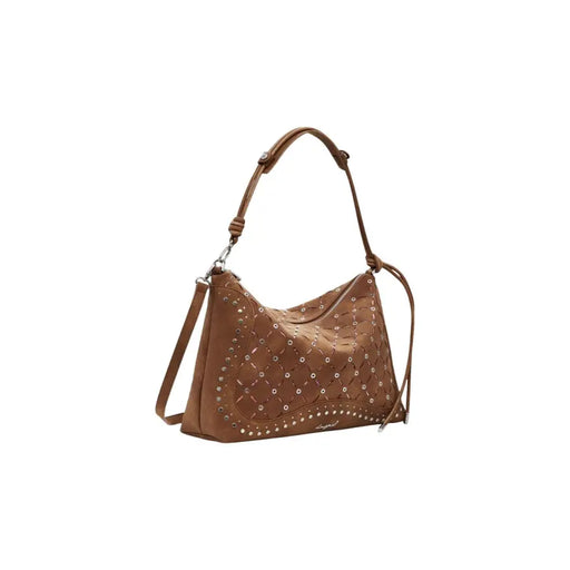 Brown leather shoulder bag with quilted design and metallic studs for women