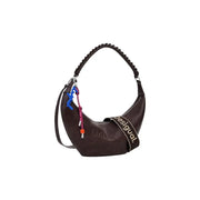 Dark brown crescent-shaped shoulder bag with braided handle and colorful charm for women