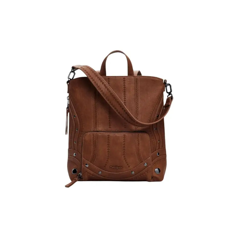 Brown leather convertible backpack with intricate stitching and stud details for Desigual handbag