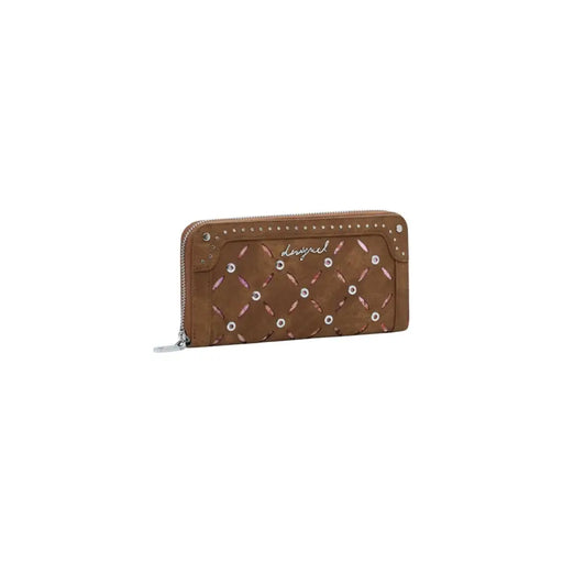 Desigual brown zip wallet for women with quilted leather, silver studs, rhinestones