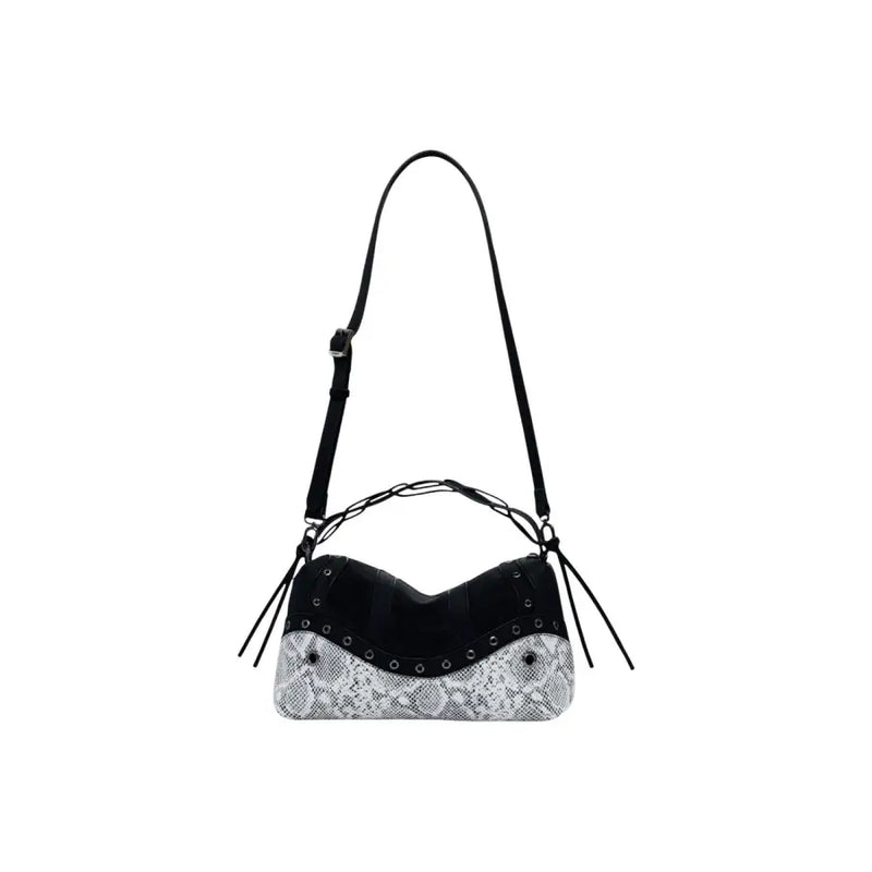 Black and white snakeskin print shoulder bag with silver stud accents from Desigual Fall Winter collection