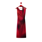 Desigual fuchsia sleeveless boat neck dress with red-to-black gradient draped neckline and side seam detail hanging on wood