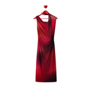 Desigual fuchsia sleeveless boat neck dress with red-to-black gradient draped neckline and side seam detail hanging on wood