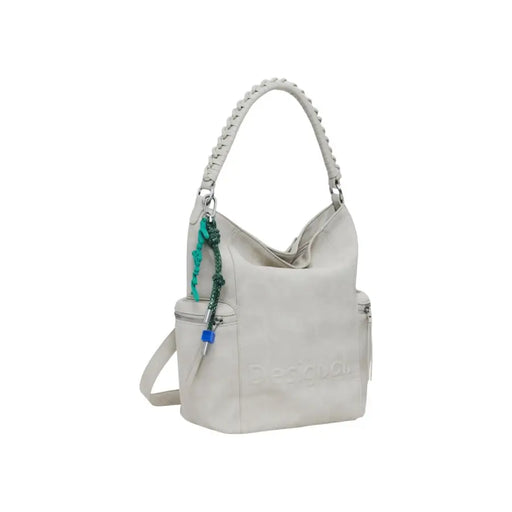 Light grey slouchy handbag with braided strap and colorful charm for women