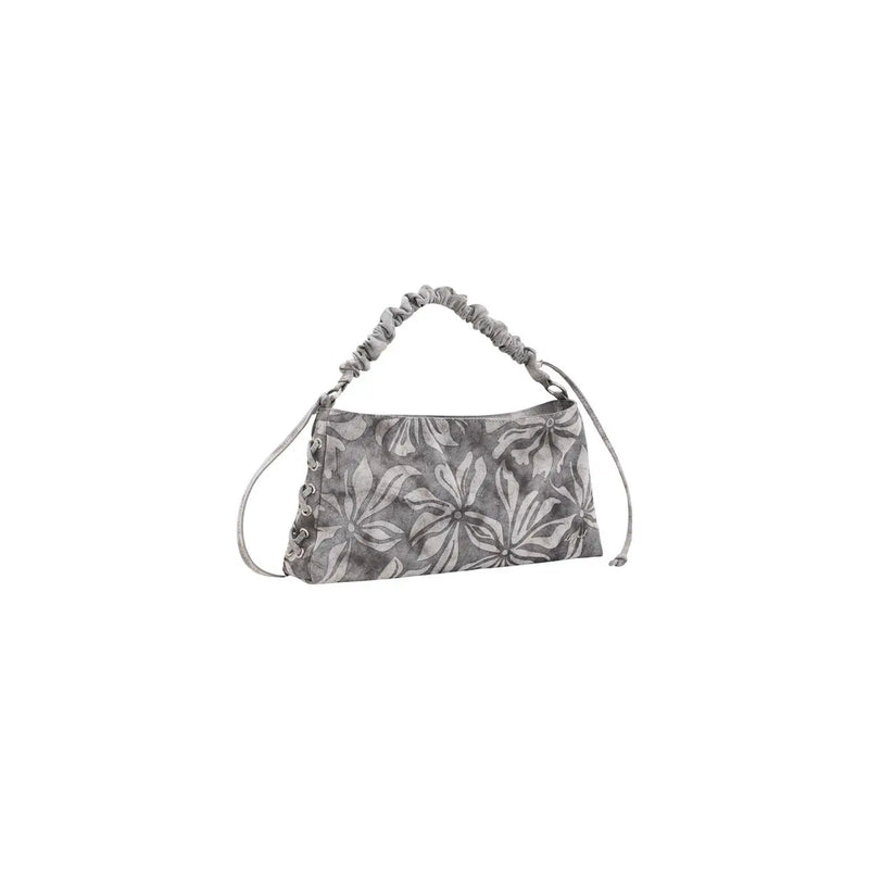 Desigual grey floral cotton handbag with ruched top handle zip pocket and adjustable shoulder strap