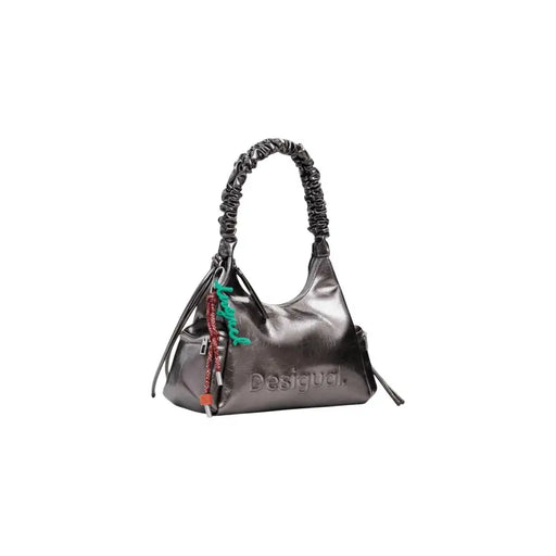 Metallic gray polyurethane shoulder bag with ruched strap and colorful keychains for women