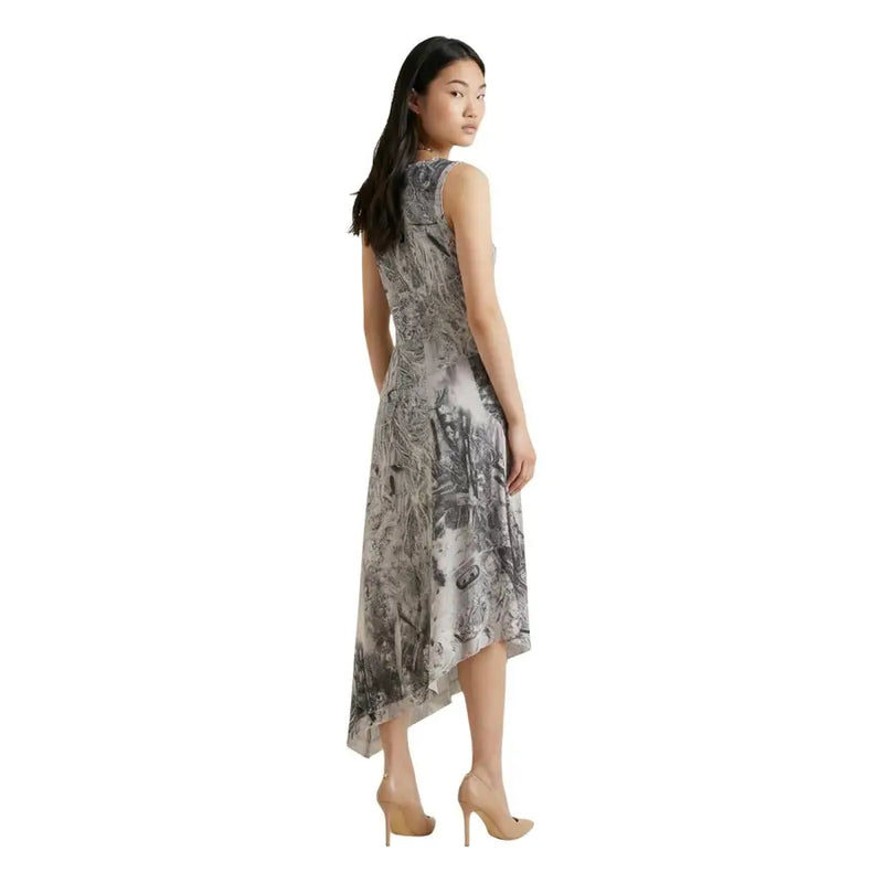 Desigual grey print sleeveless midi dress with high neck and flowing gray and white botanical asymmetrical hemline