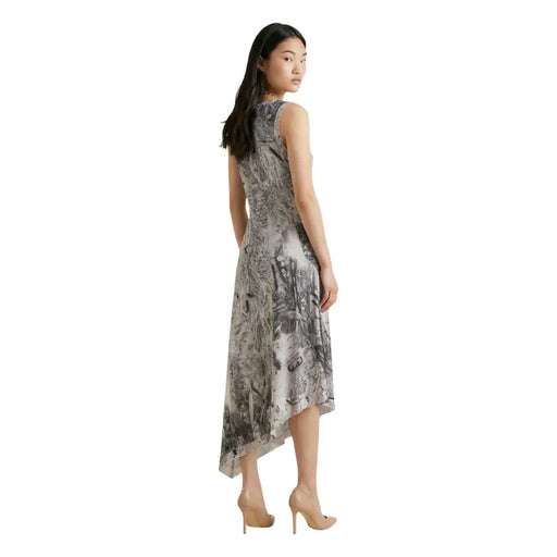 Desigual grey print sleeveless midi dress with high neck and flowing gray and white botanical asymmetrical hemline