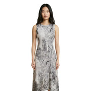 Desigual grey print sleeveless dress with monochromatic abstract print flowing fabric and fitted silhouette